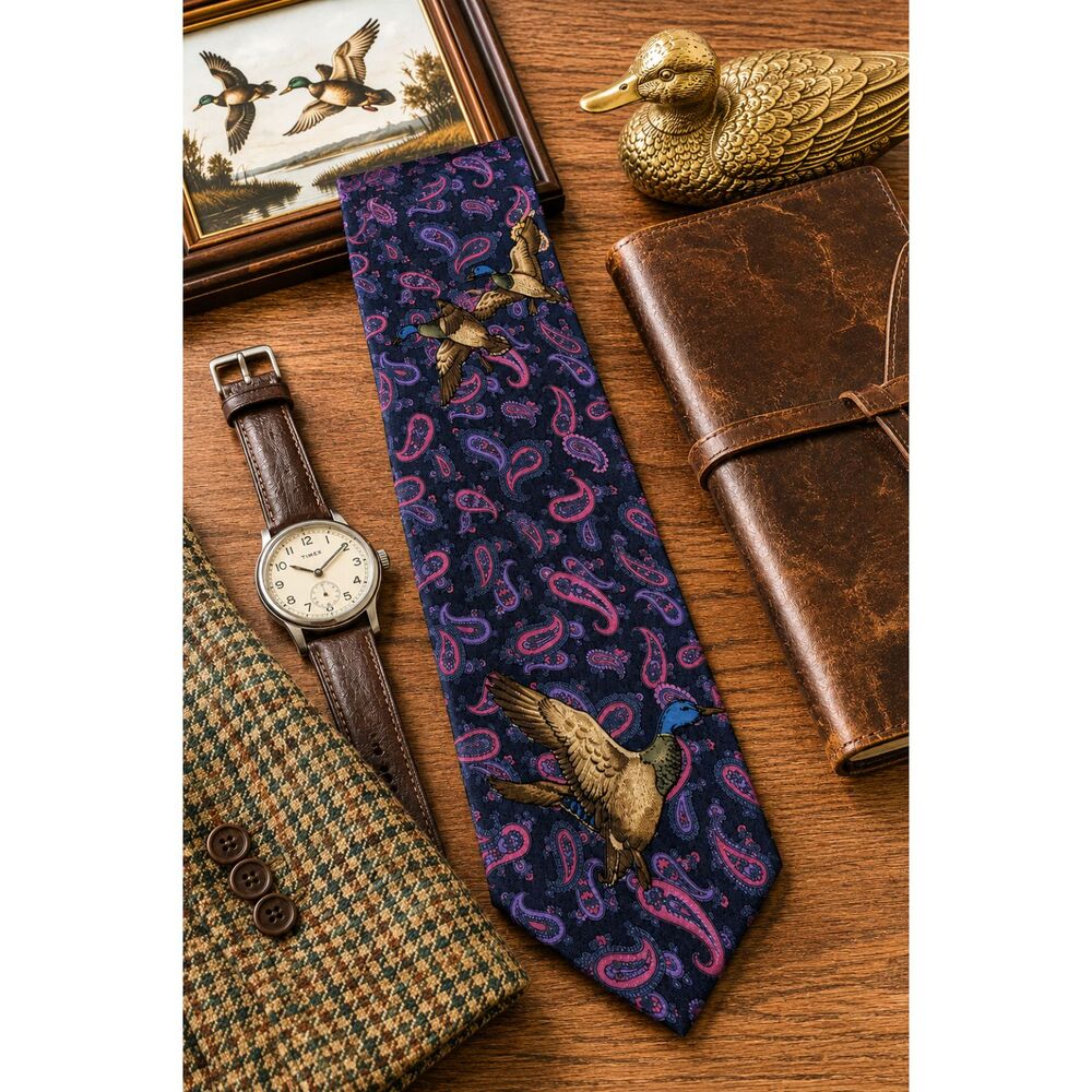 Vintage Jacobs Roberts Silk Tie Mallard Ducks Paisley Hunting Prep 1980s